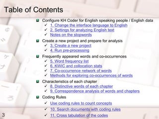 Table of Contents
3
Configure KH Coder for English speaking people / English data
 1. Change the interface language to English
 2. Settings for analyzing English text
 Notes on the stopwords
Create a new project and prepare for analysis
 3. Create a new project
 4. Run pre-processing
Frequently appeared words and co-occurrences
 5. Word frequency list
 6. KWIC and collocation stats
 7. Co-occurrence network of words
 Methods for exploring co-occurrences of words
Characteristics of each chapter
 8. Distinctive words of each chapter
 9. Correspondence analysis of words and chapters
Coding Rules
 Use coding rules to count concepts
 10. Search documents with coding rules
 11. Cross tabulation of the codes
 