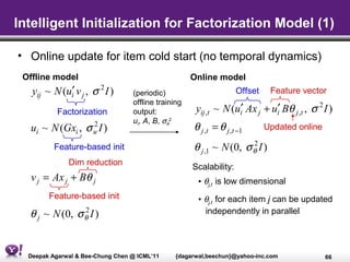 Intelligent Initialization for Factorization Model (1)

• Online update for item cold start (no temporal dynamics)
 Offline model                                       Online model
   yij ~ N (ui′ v j , σ 2 I )     (periodic)                        Offset    Feature vector
                                  offline training
           Factorization          output:             yij ,t ~ N (ui′ Ax j + ui′ Bθ j ,t , σ 2 I )
                                  ui, A, B, σθ2
  ui ~ N (Gxi , σ u I )
                  2
                                                     θ j ,t = θ j ,t −1      Updated online

          Feature-based init                         θ j ,1 ~ N (0, σ θ I )
                                                                      2

              Dim reduction
                                                     Scalability:
  v j = Ax j + Bθ j                                    • θj,t is low dimensional
        Feature-based init                             • θj,t for each item j can be updated
  θ j ~ N (0, σ θ I )
                2                                        independently in parallel




  Deepak Agarwal & Bee-Chung Chen @ ICML’11     {dagarwal,beechun}@yahoo-inc.com               66
 