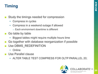 Timing
■ Study the timings needed for compression
▪ Compress in cycles
▪ Compress in a weekend outage if allowed
— Each environment downtime is different
■ Go table by table
▪ Biggest tables might require multiple hours time
■ Go together with database reorganization if possible
■ Use DBMS_REDEFINITION
▪ Online
■ Use Parallel clause
▪ ALTER TABLE TEST COMPRESS FOR OLTP PARALLEL 20;
 
