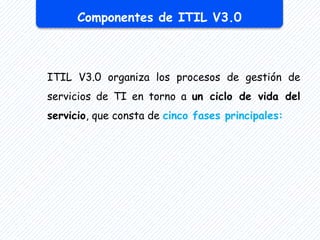ITIL V3.0 organiza los procesos de gestión de
servicios de TI en torno a un ciclo de vida del
servicio, que consta de cinco fases principales:
Componentes de ITIL V3.0
 