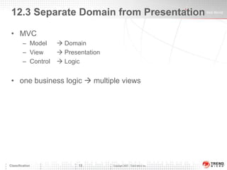 12Classification12.3 Separate Domain from Presentation MVCModel	 DomainView	 PresentationControl	 Logicone business logic  multiple views