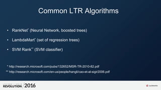 Common LTR Algorithms
• RankNet* (Neural Network, boosted trees)
• LambdaMart* (set of regression trees)
• SVM Rank** (SVM classifier)
** http://research.microsoft.com/en-us/people/hangli/cao-et-al-sigir2006.pdf
* http://research.microsoft.com/pubs/132652/MSR-TR-2010-82.pdf
 
