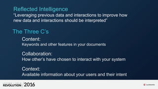 The Three C’s
Content:
Keywords and other features in your documents
Collaboration:
How other’s have chosen to interact with your system
Context:
Available information about your users and their intent
Reflected Intelligence
“Leveraging previous data and interactions to improve how
new data and interactions should be interpreted”
 