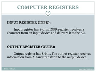 COMPUTER REGISTERS
                                7



   INPUT REGISTER (INPR):

       Input register has 8-bits. INPR register receives a
   character from an input device and delivers it to the AC.



   OUTPUT REGISTER (OUTR):

        Output register has 8-bits. The output register receives
   information from AC and transfer it to the output device.


Maninder Kaur                                          www.eazynotes.com
 