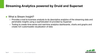 Page42 © Hortonworks Inc. 2011 – 2016. All Rights Reserved
Streaming Analytics powered by Druid and Superset
 What is Stream Insight?
– Provides a tool to business analysts to do descriptive analytics of the streaming data and
perishable insights using a sophisticated UI provided by Superset
– Tooling to create time-series and real-time analytics dashboards, charts and graphs and
create rich customizable visualization of data
 