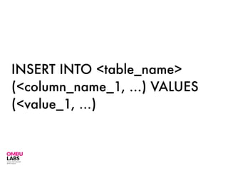 INSERT INTO <table_name>
(<column_name_1, …) VALUES
(<value_1, …)
 