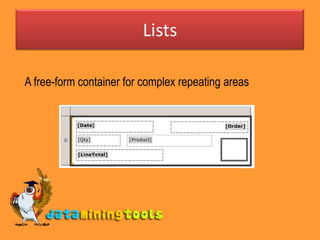 ListsA free-form container for complex repeating areas