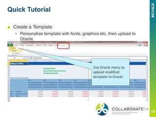 Quick Tutorial
■ Create a Template
▪ Personalize template with fonts, graphics etc, then upload to
Oracle
Use Oracle menu to
upload modified
template to Oracle
 