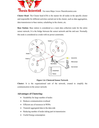 For more Https://www.ThesisScientist.com
Cluster Head: The Cluster head (CH) is the master for all nodes in the specific cluster
and responsible for different activities carried out in the cluster, such as data aggregation,
data transmission to base station, scheduling in the cluster, etc.
Base Station: Base station is considered as a main data collection node for the entire
sensor network. It is the bridge between the sensor network and the end user. Normally
this node is considered as a node with no power constraints.
Figure 1.6: Clustered Sensor Network
Cluster: It is the organizational unit of the network, created to simplify the
communication in the sensor network.
Advantages of Clustering:
 Scalability for large number of nodes
 Reduces communication overhead
 Efficient use of resources in WSNs
 Transmit aggregated data to the data sink
 Reducing number of nodes taking part in transmission
 Useful Energy consumption
 