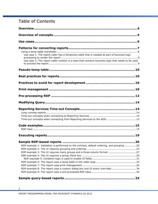 Table of Contents
Overview..................................................................................................... 4

Overview of concepts .................................................................................. 4

Use cases .................................................................................................... 6

Patterns for converting reports ................................................................... 7
    Using a temp table marshaller ................................................................................................ 8
      Use case 1: The report caller has a temporary table that is needed as part of business logic
      processing to render the report ........................................................................................... 8
      Use case 2: The report caller context is a class that contains business logic that needs to be used
      to process the report .......................................................................................................... 9

Pseudo-temp table .................................................................................... 10

Best practices for reports.......................................................................... 10

Practices to avoid for report development ................................................ 10

Print management .................................................................................... 10

Pre-processing RDP .................................................................................. 12

Modifying Query ........................................................................................ 14

Reporting Services Time-out Concepts ...................................................... 14
    Long running reports ............................................................................................................14
    Time-out concepts when connecting to Reporting Services ........................................................14
    Time-out concepts when connecting from Reporting Services to the AOS ....................................15

Code examples .......................................................................................... 15
    RDP class ............................................................................................................................15

Executing reports ...................................................................................... 19

Sample RDP-based reports ....................................................................... 20
    RDP example 1: Validation is performed on the contract, default ordering, and grouping ..............20
    RDP example 2: The UI requires grouping and ordering ............................................................23
    RDP example 3: The UI requires many groups and a three-column format ..................................27
    RDP example 4: The UI requires a group check box .................................................................29
      RDP example 5: Condition logic is used to enable UI fields ..................................................... 31
    RDP example 6: The report uses a temp table in the caller args.................................................33
    RDP example 7: The report uses print management .................................................................34
    RDP example 8: The report uses a custom dialog box and UI event overrides ..............................34
    RDP example 9: The report uses a pre-processed RDP class ......................................................34

Sample query-based reports ..................................................................... 34


2

REPORT PROGRAMMING MODEL FOR MICROSOFT DYNAMICS AX 2012
 