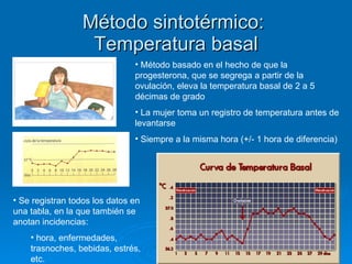 Método sintotérmico:  Temperatura basal Método basado en el hecho de que la progesterona, que se segrega a partir de la ovulación, eleva la temperatura basal de 2 a 5 décimas de grado La mujer toma un registro de temperatura antes de levantarse Siempre a la misma hora (+/- 1 hora de diferencia) Se registran todos los datos en una tabla, en la que también se anotan incidencias: hora, enfermedades, trasnoches, bebidas, estrés, etc. 