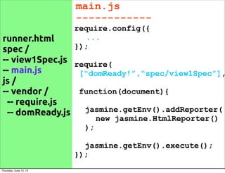 runner.html
spec /
-- view1Spec.js
-- main.js
js /
-- vendor /
-- require.js
-- domReady.js
require.config({
...
});
require(
[“domReady!”,“spec/view1Spec”],
function(document){
jasmine.getEnv().addReporter(
new jasmine.HtmlReporter()
);
jasmine.getEnv().execute();
});
main.js
------------
Thursday, June 13, 13
 