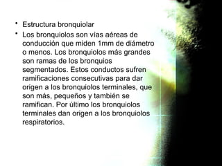 • Estructura bronquiolar
• Los bronquiolos son vías aéreas de
conducción que miden 1mm de diámetro
o menos. Los bronquiolos más grandes
son ramas de los bronquios
segmentados. Estos conductos sufren
ramificaciones consecutivas para dar
origen a los bronquiolos terminales, que
son más, pequeños y también se
ramifican. Por último los bronquiolos
terminales dan origen a los bronquiolos
respiratorios.
 