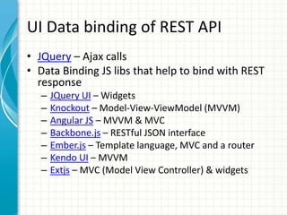 UI Data binding of REST API
• JQuery – Ajax calls
• Data Binding JS libs that help to bind with REST
response
– JQuery UI – Widgets
– Knockout – Model-View-ViewModel (MVVM)
– Angular JS – MVVM & MVC
– Backbone.js – RESTful JSON interface
– Ember.js – Template language, MVC and a router
– Kendo UI – MVVM
– Extjs – MVC (Model View Controller) & widgets
 