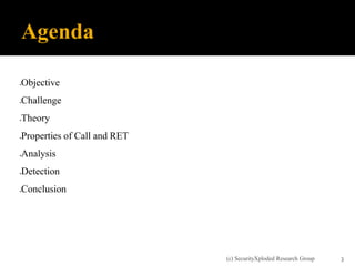  Objective
 Challenge
 Theory
 Properties of Call and RET
 Analysis
 Detection
 Conclusion
(c) SecurityXploded Research Group 3
 