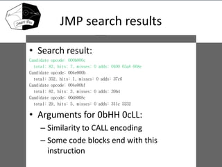 JMP search results
• Search result:
Candidate opcode: 000b000c
total: 82, hits: 7, misses: 0 adds: 0400 65a8 668e
Candidate opcode: 004e000b
total: 352, hits: 1, misses: 0 adds: 37c6
Candidate opcode: 004e00bf
total: 82, hits: 3, misses: 0 adds: 39b4
Candidate opcode: 00d8008c
total: 29, hits: 5, misses: 0 adds: 311c 5232
• Arguments for 0bHH 0cLL:
– Similarity to CALL encoding
– Some code blocks end with this
instruction
 