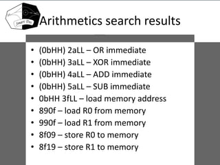 Arithmetics search results
• (0bHH) 2aLL – OR immediate
• (0bHH) 3aLL – XOR immediate
• (0bHH) 4aLL – ADD immediate
• (0bHH) 5aLL – SUB immediate
• 0bHH 3fLL – load memory address
• 890f – load R0 from memory
• 990f – load R1 from memory
• 8f09 – store R0 to memory
• 8f19 – store R1 to memory
 
