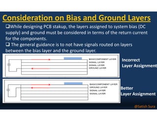 Consideration on Bias and Ground Layers
While designing PCB stakup, the layers assigned to system bias (DC
supply) and ground must be considered in terms of the return current
for the components.
The general guidance is to not have signals routed on layers
between the bias layer and the ground layer.
IncorrectIncorrect
Layer Assignment
Better
Layer Assignment
@Satish Sura
 