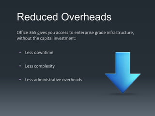 Reduced Overheads
Office 365 gives you access to enterprise grade infrastructure,
without the capital investment:
• Less downtime
• Less complexity
• Less administrative overheads
 