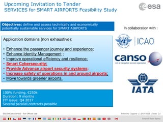 Antonino Coppola | 13/07/2016 | Slide 23ESA UNCLASSIFIED - For Official Use
Upcoming Invitation to Tender
SERVICES for SMART AIRPORTS Feasibility Study
100% funding, €250k
Duration: 9 months
ITT issue: Q4 2017
Several parallel contracts possible
In collaboration with :
Application domains (non exhaustive):
• Enhance the passenger journey and experience;
• Enhance Identity Management ;
• Improve operational efficiency and resilience;
• Smart Cybersecurity;
• Provide Advance airport security systems;
• Increase safety of operations in and around airports;
• Move towards greener airports.
Objectives: define and assess technically and economically
potentially sustainable services for SMART AIRPORTS
 