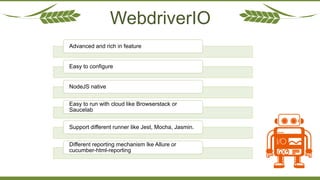 WebdriverIO
Content Here
Get a modern PowerPoint
Presentation that is beautifully
designed. hope and I believe that this
Template will your Time.
Content Here
Get a modern PowerPoint
Presentation that is beautifully
designed. hope and I believe that this
Template will your Time.
Content Here
Get a modern PowerPoint
Presentation that is beautifully
designed. hope and I believe that this
Template will your Time.
Advanced and rich in feature
Easy to configure
NodeJS native
Easy to run with cloud like Browserstack or
Saucelab
Support different runner like Jest, Mocha, Jasmin.
Different reporting mechanism lke Allure or
cucumber-html-reporting
 