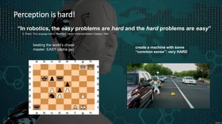 Perception is hard!
 “In robotics, the easy problems are hard and the hard problems are easy”
 S. Pinker. The Language Instinct. New York: Harper Perennial Modern Classics, 1994
beating the world’s chess
master: EASY (alpha go)
create a machine with some
“common sense”: very HARD
 