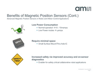Confidential © ams AG 2015
Page 7
Benefits of Magnetic Position Sensors (Cont.)
Advanced Magnetic Position Sensors in Robot Joint Motor Control Applications
Low Power Consumption
 Normal operation 10 - 15mamps
 Low Power modes  μamps
Require minimal space
 Small Surface Mount/Thru-hole IC
Increased safety via improved accuracy and on-sensor
diagnostics
 Enabler for safety critical collaborative robot applications
 
