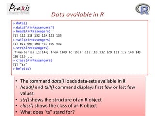 Data available in R
> data()
> data("AirPassengers")
> head(AirPassengers)
[1] 112 118 132 129 121 135
> tail(AirPassengers)
[1] 622 606 508 461 390 432
> str(AirPassengers)
Time-Series [1:144] from 1949 to 1961: 112 118 132 129 121 135 148 148
136 119 ...
> class(AirPassengers)
[1] "ts"
> help(ts)

• The command data() loads data-sets available in R
• head() and tail() command displays first few or last few
values
• str() shows the structure of an R object
• class() shows the class of an R object
• What does “ts” stand for?

 