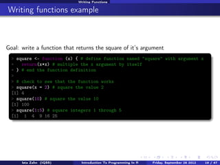 Extracting and replacing object elements

Indexing lists
Lists can be indexed in the same way as vectors, with the following extension:
> # Lists can be indexed with single brackets, similar to vector indexing
> L[c(1, 2)] # the first two elements of L
$x
[1] 1 2 3 4 5
$y
[1] 1 2 3
> L[1] # a list with one element
$x
[1] 1 2 3 4 5
> ## double brackets select the content of a single selected element
> ## effectively taking it out of the list.
> L[[1]] # a vector
[1] 1 2 3 4 5

Introduction To Programming In R

Last updated November 20, 2013

19 /
71

 