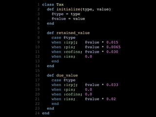  1   class Tax
 2     def initialize(type, value)
 3       @type = type    
 4       @value = value
 5     end
 6
 7     def retained_value
 8       case @type
 9       when :irpj;   @value * 0.015
10       when :pis;    @value * 0.0065
11       when :cofins; @value * 0.030
12       when :iss;    0.0
13       end
14     end
15
16     def due_value
17       case @type
18       when :irpj;   @value * 0.033
19       when :pis;    0.0
20       when :cofins; 0.0
21       when :iss;    @value * 0.02
22       end
23     end
24   end
 