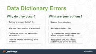 #cpgethightech #cpanelconf
Data Dictionary Errors
Why do they occur? What are your options?
Deleted or moved ibdata1 file
Migrated from another environment
Copies are made, but extensions
are left intact
Files are backed up directly, then
restored
Restore from a backup
Recover an ibdata1 file
Try to establish a copy of the data
from a dump or table copy
Recover the CREATE TABLE
statement. re-create the table.
 