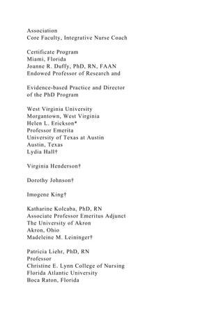 Association
Core Faculty, Integrative Nurse Coach
Certificate Program
Miami, Florida
Joanne R. Duffy, PhD, RN, FAAN
Endowed Professor of Research and
Evidence-based Practice and Director
of the PhD Program
West Virginia University
Morgantown, West Virginia
Helen L. Erickson*
Professor Emerita
University of Texas at Austin
Austin, Texas
Lydia Hall†
Virginia Henderson†
Dorothy Johnson†
Imogene King†
Katharine Kolcaba, PhD, RN
Associate Professor Emeritus Adjunct
The University of Akron
Akron, Ohio
Madeleine M. Leininger†
Patricia Liehr, PhD, RN
Professor
Christine E. Lynn College of Nursing
Florida Atlantic University
Boca Raton, Florida
 