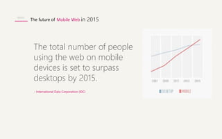 The future of Mobile Web in 2015 
The total number of people 
using the web on mobile 
devices is set to surpass 
desktops by 2015. 
- International Data Corporation (IDC) 
WHY 
 