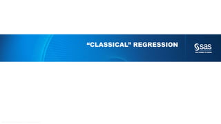 Copyright © 2012, SAS Institute Inc. All rights reserv ed.
MACHINE LEARNING ADDRESSING SOME MODELING ISSUES
 The problem may not be linear: X2, X3, Log(X), Sqrt(X), 1/X ,…….?
 You do not have one input variable: X1, X2, X3,……X567
 Interactions en correlations between input variables
age
income
male
female
Analytical base table Derived inputs
 
