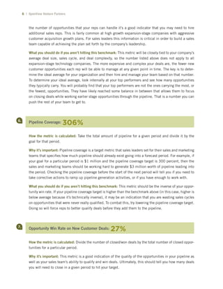 6 | OpenView Venture Partners
the number of opportunities that your reps can handle it’s a good indicator that you may need to hire
additional sales reps. This is fairly common at high growth expansion-stage companies with aggressive
customer acquisition growth plans. For sales leaders this information is critical in order to build a sales
team capable of achieving the plan set forth by the company’s leadership.
What you should do if you aren’t hitting this benchmark: This metric will be closely tied to your company’s
average deal size, sales cycle, and deal complexity, so the number listed above does not apply to all
expansion-stage technology companies. The more expensive and complex your deals are, the fewer new
customer opportunities each rep will be able to manage at any given point in time. The key is to deter-
mine the ideal average for your organization and then hire and manage your team based on that number.
To determine your ideal average, look internally at your top performers and see how many opportunities
they typically carry. You will probably ﬁnd that your top performers are not the ones carrying the most, or
the fewest, opportunities. They have likely reached some balance in between that allows them to focus
on closing deals while working earlier stage opportunities through the pipeline. That is a number you can
push the rest of your team to get to.
Pipeline Coverage: 306%
How the metric is calculated: Take the total amount of pipeline for a given period and divide it by the
goal for that period.
Why it’s important: Pipeline coverage is a target metric that sales leaders set for their sales and marketing
teams that speciﬁes how much pipeline should already exist going into a forecast period. For example, if
your goal for a particular period is $1 million and the pipeline coverage target is 300 percent, then the
sales and marketing teams should be working hard to generate $3 million worth of pipeline leading into
the period. Checking the pipeline coverage before the start of the next period will tell you if you need to
take corrective actions to ramp up pipeline generation activities, or if you have enough to work with.
What you should do if you aren’t hitting this benchmark: This metric should be the inverse of your oppor-
tunity win rate. If your pipeline coverage target is higher than the benchmark above (in this case, higher is
below average because it’s technically inverse), it may be an indication that you are wasting sales cycles
on opportunities that were never really qualiﬁed. To combat this, try lowering the pipeline coverage target.
Doing so will force reps to better qualify deals before they add them to the pipeline.
Opportunity Win Rate on New Customer Deals: 27%
How the metric is calculated: Divide the number of closed/won deals by the total number of closed oppor-
tunities for a particular period.
Why it’s important: This metric is a good indication of the quality of the opportunities in your pipeline as
well as your sales team’s ability to qualify and win deals. Ultimately, this should tell you how many deals
you will need to close in a given period to hit your target.
6.
7.
 