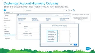 Customize Account Hierarchy Columns
Show the account fields that matter most to your sales teams
If the hierarchy columns don’t show
the information that your sales reps
need, you can customize them
independently via the Object
Manager
 