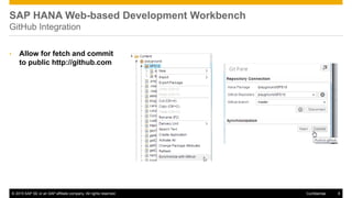 © 2015 SAP SE or an SAP affiliate company. All rights reserved. 6Confidential
SAP HANA Web-based Development Workbench
GitHub Integration
• Allow for fetch and commit
to public http://github.com
 