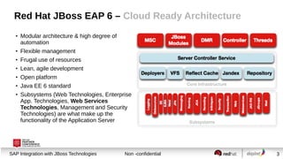 Session title
SAP Integration with JBoss Technologies Non -confidential 3
Red Hat JBoss EAP 6 – Cloud Ready Architecture
●
Modular architecture & high degree of
automation
●
Flexible management
●
Frugal use of resources
●
Lean, agile development
●
Open platform
●
Java EE 6 standard
●
Subsystems (Web Technologies, Enterprise
App. Technologies, Web Services
Technologies, Management and Security
Technologies) are what make up the
functionality of the Application Server
 