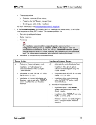 SAP AG                                                          Standard SAP System Installation




     −   Other preparations
         •   Choosing system and host names
         •   Preparing the SAP System transport host
         •   Granting user rights for the installation
     For more information, see Installation Preparations [Page 35].
3. In the installation phase, you have to carry out the steps that are necessary to set up the
   core components of the SAP System. This involves installing the:
     −   Central and database instance
     −   Dialog instances
     −   Frontends


            The installation procedure differs, depending on the planned system
            configuration. When you set up a central system, all the required steps are
            performed on the same host. When you set up a standalone database system
            some actions are carried out on the database host, others on the central instance
            host. The following summarizes the actions for both configuration types.
     a. Installation of the central and database instance


Central System                                           Standalone Database System
a)       Actions on the central system host:             a)       Actions on the central instance host:
     −   Installation of the Oracle server                    −   Installation of the Oracle client
         software and latest Patch using the                      software and latest patch using the
         Oracle Installer.                                        Oracle Installer.
     −   Installation of the R3SETUP tool using               −   Installation of the R3SETUP tool using
         the file R3SETUP.BAT.                                    the file R3SETUP.BAT.
     −   Installation of the central instance and             −   Installation of the central instance
         database instance using the R3SETUP                      using the R3SETUP option Install
         option Install Central and Database                      Central Instance.
         Instance.
                                                     b) Actions on the database host:
                                                              −   Installation of the Oracle server
                                                                  software and latest patch using the
                                                                  Oracle Installer.
                                                              −   Installation of the R3SETUP tool using
                                                                  the file R3SETUP.BAT.
                                                              −   Database creation and load using the
                                                                  R3SETUP option Install Database
                                                                  Instance.




February 2001                                                                                             11
 