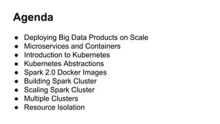Agenda
● Deploying Big Data Products on Scale
● Microservices and Containers
● Introduction to Kubernetes
● Kubernetes Abstractions
● Spark 2.0 Docker Images
● Building Spark Cluster
● Scaling Spark Cluster
● Multiple Clusters
● Resource Isolation
 