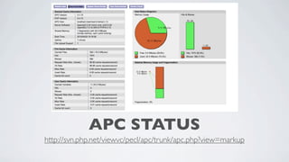 APC STATUS
http://svn.php.net/viewvc/pecl/apc/trunk/apc.php?view=markup

 