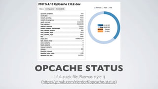 OPCACHE STATUS
1 full-stack ﬁle, Rasmus style :)
(https://github.com/rlerdorf/opcache-status)

 