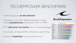 TECHEMPOWER BENCHMARK
•

Symfony2 appears at the bottom

•

Comparison with light-weight frameworks is unfair.
Some incoherences (frameworks PHP >> PHP)

•

PHP will never be faster than a compiled language

•

In real apps, caching and DB optimizations equal things

•

Symfony2 roadmap improving performance

 