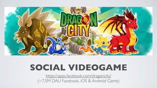SOCIAL VIDEOGAME
https://apps.facebook.com/dragoncity/
(~7.5M DAU Facebook, iOS & Android Game)

 