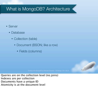 What is MongoDB? Architecture


    •   Server
        •   Database
            •   Collection (table)
                •   Document (BSON; like a row)
                    •   Fields (columns)




                              Scaling with MongoDB by Michael Schurter - OS Bridge, 2011.06.22


Queries are on the collection level (no joins)
Indexes are per collection
Documents have a unique ID
Atomicity is at the document level
 