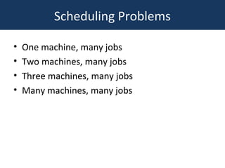 Scheduling Problems
• One machine, many jobs
• Two machines, many jobs
• Three machines, many jobs
• Many machines, many jobs
 