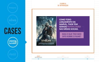 CASES
fimmeioinício
OBJETIVOGRÁFICOS E ANÁLISESINTRODUÇÃO
REPERCUSSÃODOFILME
THOR:OMUNDOSOMBRIO
NASMÍDIASSOCIAIS
RELATÓRIODEMONITORAMENTO
EM6ANOS,AMARVELLANÇOU
NOCINEMAVÁRIOSHEROIS
QUECONVERGIRAMPARAO
FILMEOSVINGADORES.
ENTREELES,THOR,QUEESTÁ
NOCINEMADESDE01/11
COMOSEUSEGUNDOFILME.
COMOTODO
LANÇAMENTODA
MARVEL,THORTEM
GERADOREPERCUSSÃO
NASMÍDIASSOCIAIS.
COMOTODO
LANÇAMENTODA
MARVEL,THORTEM
GERADOREPERCUSSÃO
NASMÍDIASSOCIAIS.
MASOQUETEMSIDO
DITOSOBREOFILME?
EXEMPLO
DE INTRODUÇÃO
 