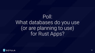 Poll:
What databases do you use
(or are planning to use)
for Rust Apps?
18
 