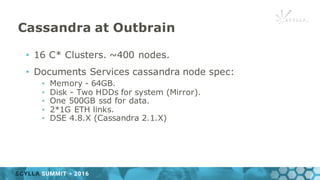Cassandra at Outbrain
• 16 C* Clusters. ~400 nodes.
• Documents Services cassandra node spec:
▪ Memory - 64GB.
▪ Disk - Two HDDs for system (Mirror).
▪ One 500GB ssd for data.
▪ 2*1G ETH links.
▪ DSE 4.8.X (Cassandra 2.1.X)
 