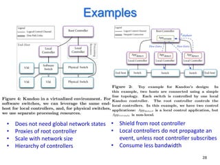 Examples




•   Does not need global network states • Shield from root controller
•   Proxies of root controller          • Local controllers do not propagate an
•   Scale with network size               event, unless root controller subscribes
•   Hierarchy of controllers            • Consume less bandwidth
                                                                            28
 